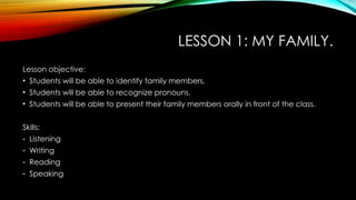 LESSON 1: MY FAMILY.
Lesson objective:
• Students will be able to identify family members.
• Students will be able to recognize pronouns.
• Students will be able to present their family members orally in front of the class.
Skills:
- Listening
- Writing
- Reading
- Speaking
 