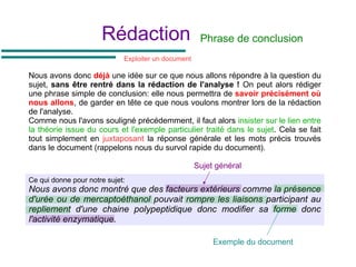 Rédaction
Ce qui donne pour notre sujet:
Nous avons donc montré que des facteurs extérieurs comme la présence
d'urée ou de mercaptoéthanol pouvait rompre les liaisons participant au
repliement d'une chaine polypeptidique donc modifier sa forme donc
l'activité enzymatique.
Phrase de conclusion
Nous avons donc déjà une idée sur ce que nous allons répondre à la question du
sujet, sans être rentré dans la rédaction de l'analyse ! On peut alors rédiger
une phrase simple de conclusion: elle nous permettra de savoir précisément où
nous allons, de garder en tête ce que nous voulons montrer lors de la rédaction
de l'analyse.
Comme nous l'avons souligné précédemment, il faut alors insister sur le lien entre
la théorie issue du cours et l'exemple particulier traité dans le sujet. Cela se fait
tout simplement en juxtaposant la réponse générale et les mots précis trouvés
dans le document (rappelons nous du survol rapide du document).
Sujet général
Exemple du document
Exploiter un document
 