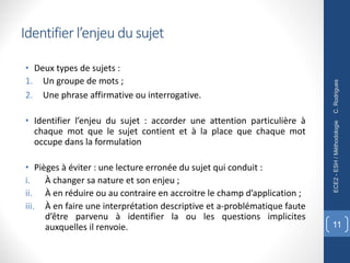Identifier l’enjeu du sujet
• Deux types de sujets :
1. Un groupe de mots ;
2. Une phrase affirmative ou interrogative.
• Identifier l’enjeu du sujet : accorder une attention particulière à
chaque mot que le sujet contient et à la place que chaque mot
occupe dans la formulation
• Pièges à éviter : une lecture erronée du sujet qui conduit :
i. À changer sa nature et son enjeu ;
ii. À en réduire ou au contraire en accroitre le champ d’application ;
iii. À en faire une interprétation descriptive et a-problématique faute
d’être parvenu à identifier la ou les questions implicites
auxquelles il renvoie.
C.
Rodrigues
ECE2
-
ESH
/
Méthodologie
11
 