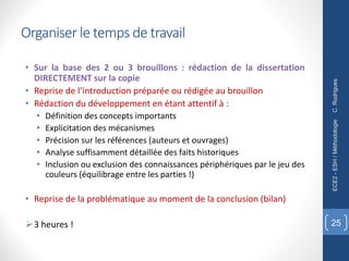 Organiser le temps de travail
• Sur la base des 2 ou 3 brouillons : rédaction de la dissertation
DIRECTEMENT sur la copie
• Reprise de l’introduction préparée ou rédigée au brouillon
• Rédaction du développement en étant attentif à :
• Définition des concepts importants
• Explicitation des mécanismes
• Précision sur les références (auteurs et ouvrages)
• Analyse suffisamment détaillée des faits historiques
• Inclusion ou exclusion des connaissances périphériques par le jeu des
couleurs (équilibrage entre les parties !)
• Reprise de la problématique au moment de la conclusion (bilan)
Ø3 heures !
C.
Rodrigues
ECE2
-
ESH
/
Méthodologie
25
 