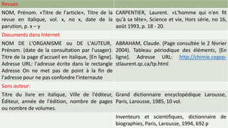100
Revues
NOM, Prénom. «Titre de l'article», Titre de la
revue en italique, vol. x, no x, date de la
parution, p. x – y
CARPENTIER, Laurent. «L'homme qui n'en fit
qu'à sa tête», Science et vie, Hors série, no 16,
août 1993, p. 18 - 20.
Documents dans Internet
NOM DE L'ORGANISME ou DE L'AUTEUR,
Prénom. (date de la consultation par l'usager).
Titre de la page d'accueil en italique, [En ligne].
Adresse URL: l'adresse écrite dans le rectangle
Adresse On ne met pas de point à la fin de
l'adresse pour ne pas confondre l'internaute
ABRAHAM, Claude. (Page consultée le 2 février
2004). Tableau périodique des éléments, [En
ligne]. Adresse URL: http://chimie.cegep-
stlaurent.qc.ca/tp.html
Sans auteur:
Titre du livre en italique, Ville de l'éditeur,
Éditeur, année de l'édition, nombre de pages
ou nombre de volumes.
Grand dictionnaire encyclopédique Larousse,
Paris, Larousse, 1985, 10 vol.
Inventeurs et scientifiques, dictionnaire de
biographies, Paris, Larousse, 1994, 692 p
 