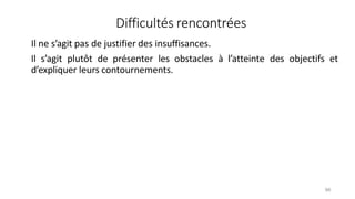 Difficultés rencontrées
94
Il ne s’agit pas de justifier des insuffisances.
Il s’agit plutôt de présenter les obstacles à l’atteinte des objectifs et
d’expliquer leurs contournements.
 
