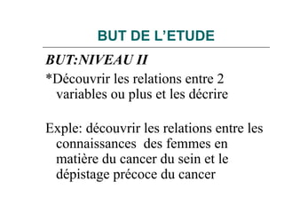 BUT DE L’ETUDE
BUT:NIVEAU II
*Découvrir les relations entre 2
variables ou plus et les décrire
Exple: découvrir les relations entre les
connaissances des femmes en
matière du cancer du sein et le
dépistage précoce du cancer
 