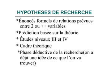 HYPOTHESES DE RECHERCHE
*Énoncés formels de relations prévues
entre 2 ou ++ variables
*Prédiction basée sur la théorie
* Études niveaux III et IV
* Cadre théorique
*Phase déductive de la recherche(on a
déjà une idée de ce que l’on va
trouver)
 