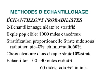 METHODES D’ECHANTILLONAGE
ÉCHANTILLONS PROBABILISTES
2-Echantillonnage aléatoire stratifié
Exple pop cible: 1000 mdes cancéreux
Stratification proportionnelle Strate mde sous
radiothérapie40%, chimio+radio60%
Choix aléatoire dans chaque strate10%strate
Échantillon 100 : 40 mdes radiotrt
60 mdes radio+chimiotrt
 