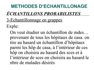 METHODES D’ECHANTILLONAGE
ÉCHANTILLONS PROBABILISTES
3-Echantillonnage en grappes
Exple:
On veut étudier un échantillon de mdes…
provenant de tous les hôpitaux de casa. on
tire au hasard un échantillon d’hôpitaux
parmi les hôp de casa, à l’intérieur de ces
hôp on choisira au hasard des sces et à
l’intérieur de sces on choisira au hasard le
nbre de malades désirés
 