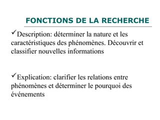 FONCTIONS DE LA RECHERCHE
Description: déterminer la nature et les
caractéristiques des phénomènes. Découvrir et
classifier nouvelles informations
Explication: clarifier les relations entre
phénomènes et déterminer le pourquoi des
événements
 