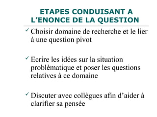 ETAPES CONDUISANT A
L’ENONCE DE LA QUESTION
 Choisir domaine de recherche et le lier
à une question pivot
 Ecrire les idées sur la situation
problématique et poser les questions
relatives à ce domaine
 Discuter avec collègues afin d’aider à
clarifier sa pensée
 