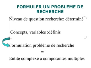 FORMULER UN PROBLEME DE
RECHERCHE
Niveau de question recherche: déterminé
Concepts, variables :définis
Formulation problème de recherche
=
Entité complexe à composantes multiples
 