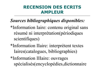 RECENSION DES ECRITS
AMPLEUR
Sources bibliographiques disponibles:
*Information Iaire: contenu original sans
résumé ni interprétation(périodiques
scientifiques)
*Information IIaire: interprètent textes
Iaires(catalogues, bibliographies)
*Information IIIaire: ouvrages
spécialisés(encyclopédies,dictionnaire
 