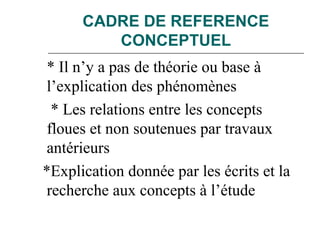 CADRE DE REFERENCE
CONCEPTUEL
* Il n’y a pas de théorie ou base à
l’explication des phénomènes
* Les relations entre les concepts
floues et non soutenues par travaux
antérieurs
*Explication donnée par les écrits et la
recherche aux concepts à l’étude
 