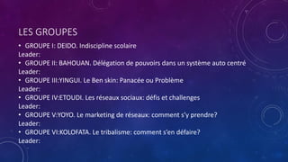 LES GROUPES
• GROUPE I: DEIDO. Indiscipline scolaire
Leader:
• GROUPE II: BAHOUAN. Délégation de pouvoirs dans un système auto centré
Leader:
• GROUPE III:YINGUI. Le Ben skin: Panacée ou Problème
Leader:
• GROUPE IV:ETOUDI. Les réseaux sociaux: défis et challenges
Leader:
• GROUPE V:YOYO. Le marketing de réseaux: comment s’y prendre?
Leader:
• GROUPE VI:KOLOFATA. Le tribalisme: comment s’en défaire?
Leader:
 