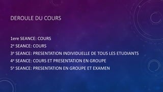 DEROULE DU COURS
1ere SEANCE: COURS
2e SEANCE: COURS
3e SEANCE: PRESENTATION INDIVIDUELLE DE TOUS LES ETUDIANTS
4e SEANCE: COURS ET PRESENTATION EN GROUPE
5e SEANCE: PRESENTATION EN GROUPE ET EXAMEN
 