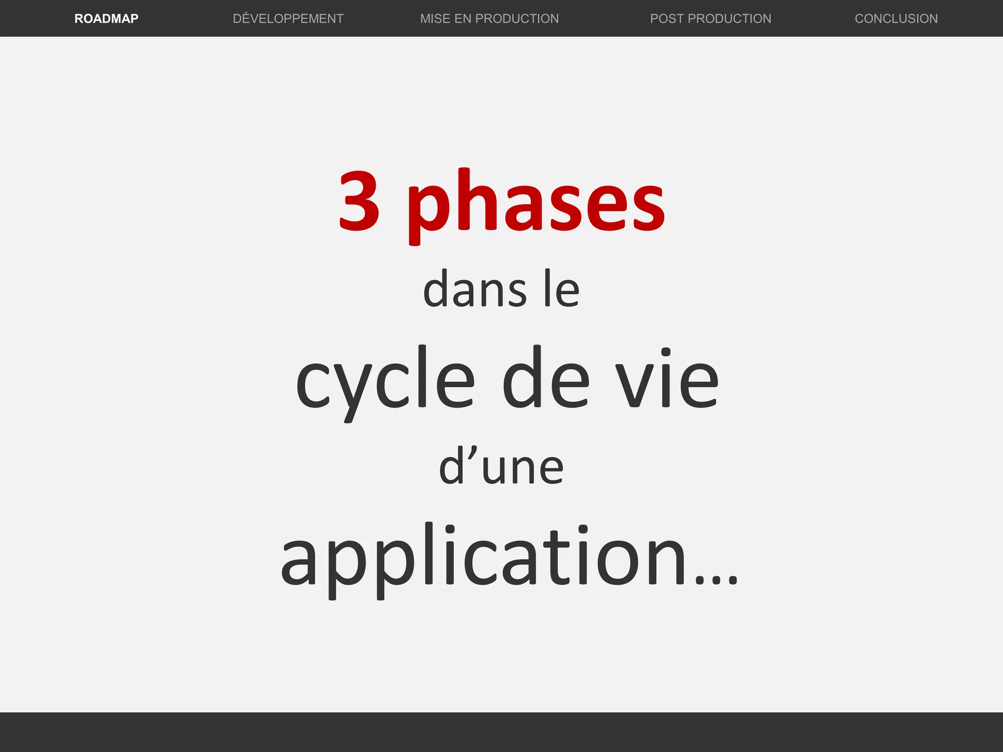 3 phases
dans le
cycle de vie
d’une
application…
DÉVELOPPEMENT MISE EN PRODUCTION CONCLUSIONROADMAP POST PRODUCTION
 