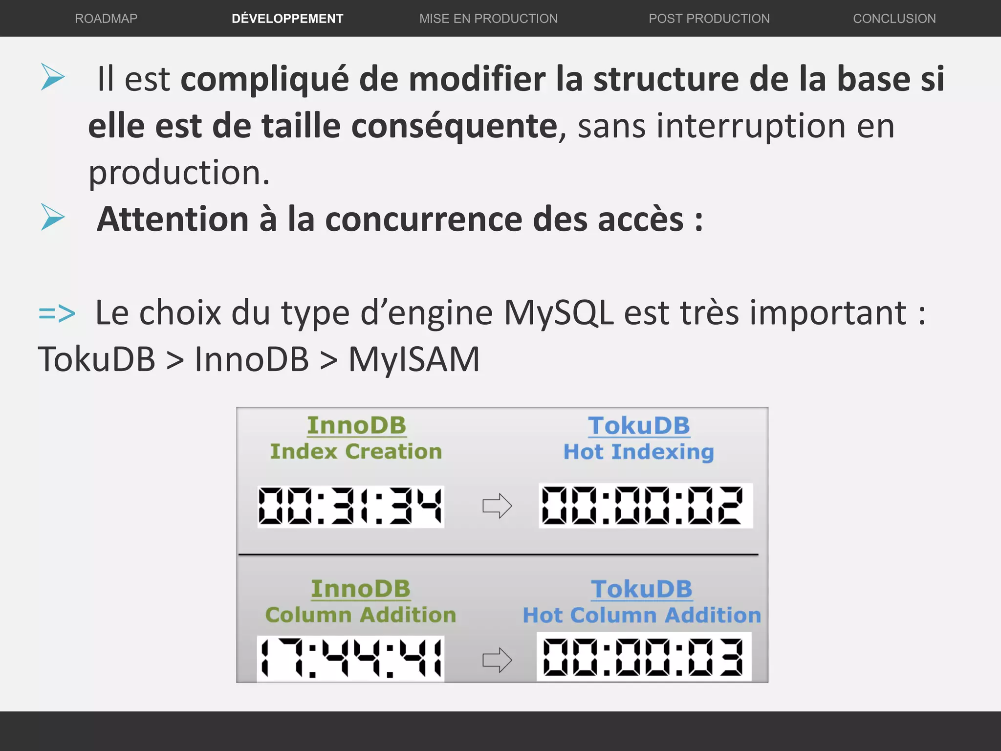 DÉVELOPPEMENT MISE EN PRODUCTION CONCLUSIONROADMAP POST PRODUCTION
 Il est compliqué de modifier la structure de la base si
elle est de taille conséquente, sans interruption en
production.
 Attention à la concurrence des accès :
=> Le choix du type d’engine MySQL est très important :
TokuDB > InnoDB > MyISAM
 