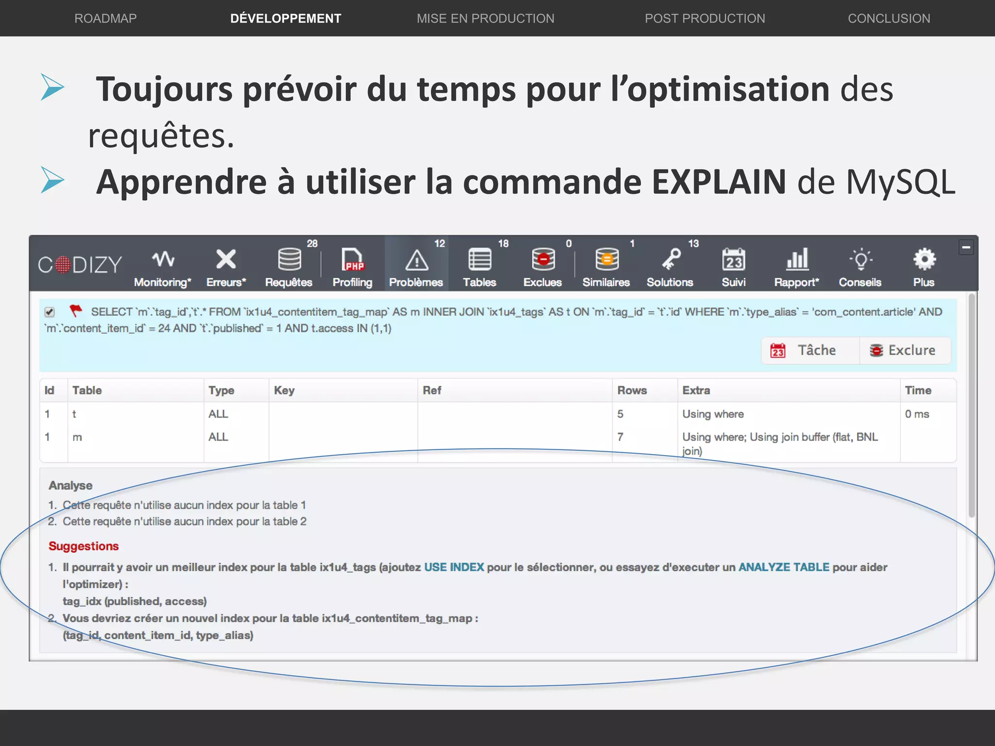 DÉVELOPPEMENT MISE EN PRODUCTION CONCLUSIONROADMAP POST PRODUCTION
 Toujours prévoir du temps pour l’optimisation des
requêtes.
 Apprendre à utiliser la commande EXPLAIN de MySQL
 