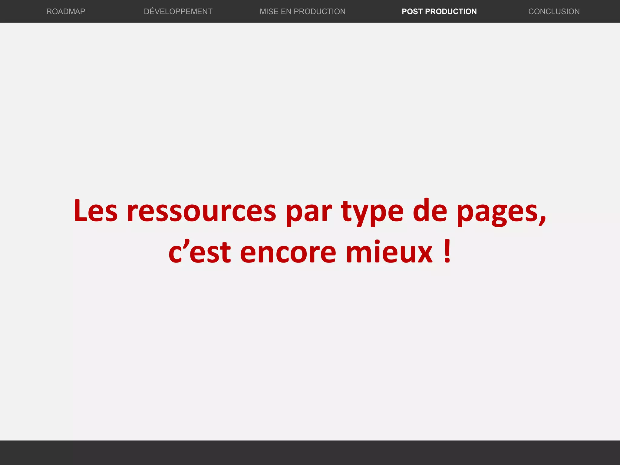Les ressources par type de pages,
c’est encore mieux !
DÉVELOPPEMENT MISE EN PRODUCTION CONCLUSIONROADMAP POST PRODUCTION
 