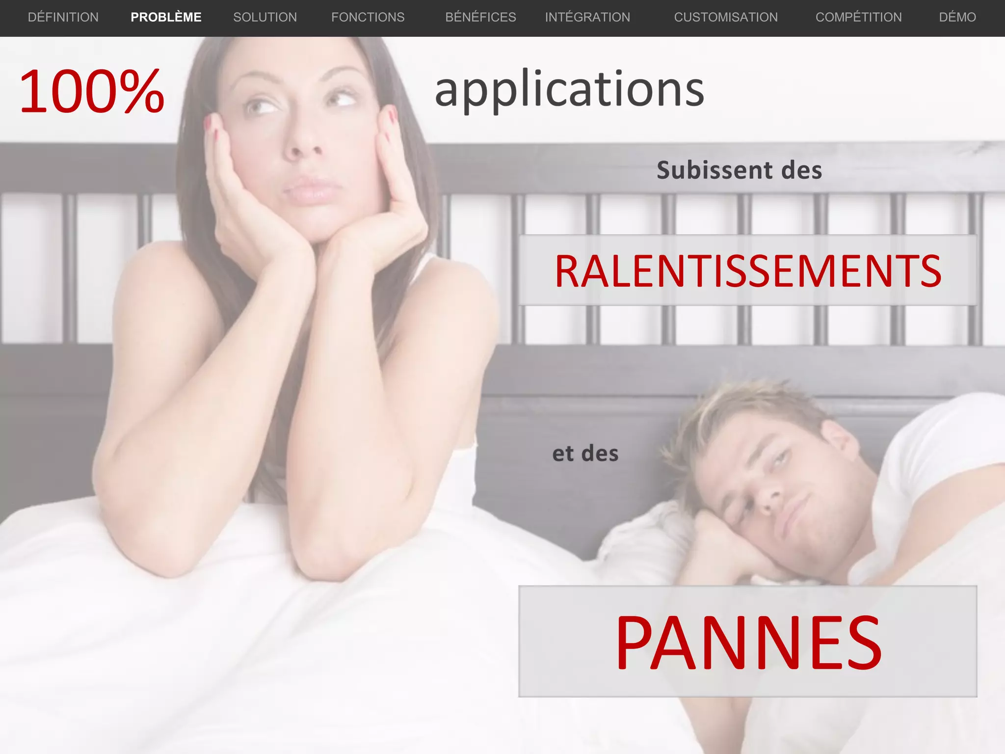 100% applications
RALENTISSEMENTS
PANNES
Subissent des
PROBLÈME SOLUTION BÉNÉFICES INTÉGRATION CUSTOMISATION COMPÉTITION DÉMODÉFINITION FONCTIONS
 