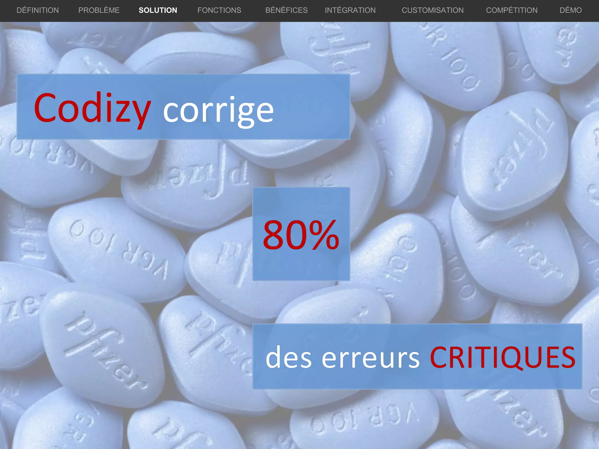 Codizy corrige
PROBLÈME SOLUTION BÉNÉFICES INTÉGRATION CUSTOMISATION COMPÉTITION DÉMODÉFINITION FONCTIONS
 