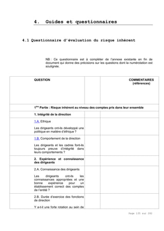 Page 135 sur 282
4. Guides et questionnaires
4.1 Questionnaire d’évaluation du risque inhérent
NB : Ce questionnaire est à compléter de l’annexe existante en fin de
document qui donne des précisions sur les questions dont la numérotation est
soulignée.
QUESTION COMMENTAIRES
(références)
1ère
Partie : Risque inhérent au niveau des comptes pris dans leur ensemble
1. Intégrité de la direction
1.A. Ethique
Les dirigeants ont-ils développé une
politique en matière d’éthique ?
1.B. Comportement de la direction
Les dirigeants et les cadres font-ils
toujours preuve d’intégrité dans
leurs comportements ?
2. Expérience et connaissance
des dirigeants
2.A. Connaissance des dirigeants
Les dirigeants ont-ils les
connaissances appropriées et une
bonne expérience pour un
établissement correct des comptes
de l’entité ?
2.B. Durée d’exercice des fonctions
de direction
Y a-t-il une forte rotation au sein de
 