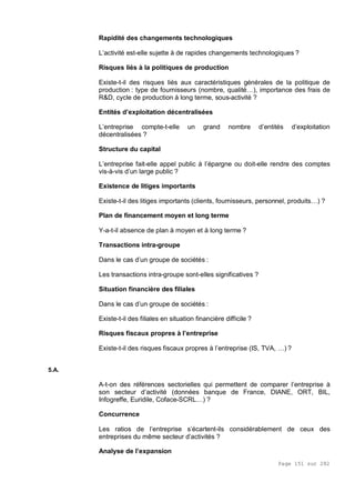 Page 151 sur 282
Rapidité des changements technologiques
L’activité est-elle sujette à de rapides changements technologiques ?
Risques liés à la politiques de production
Existe-t-il des risques liés aux caractéristiques générales de la politique de
production : type de fournisseurs (nombre, qualité…), importance des frais de
R&D, cycle de production à long terme, sous-activité ?
Entités d’exploitation décentralisées
L’entreprise compte-t-elle un grand nombre d’entités d’exploitation
décentralisées ?
Structure du capital
L’entreprise fait-elle appel public à l’épargne ou doit-elle rendre des comptes
vis-à-vis d’un large public ?
Existence de litiges importants
Existe-t-il des litiges importants (clients, fournisseurs, personnel, produits…) ?
Plan de financement moyen et long terme
Y-a-t-il absence de plan à moyen et à long terme ?
Transactions intra-groupe
Dans le cas d’un groupe de sociétés :
Les transactions intra-groupe sont-elles significatives ?
Situation financière des filiales
Dans le cas d’un groupe de sociétés :
Existe-t-il des filiales en situation financière difficile ?
Risques fiscaux propres à l’entreprise
Existe-t-il des risques fiscaux propres à l’entreprise (IS, TVA, …) ?
5.A.
A-t-on des références sectorielles qui permettent de comparer l’entreprise à
son secteur d’activité (données banque de France, DIANE, ORT, BIL,
Infogreffe, Euridile, Coface-SCRL…) ?
Concurrence
Les ratios de l’entreprise s’écartent-ils considérablement de ceux des
entreprises du même secteur d’activités ?
Analyse de l’expansion
 