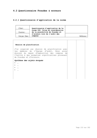 Page 153 sur 282
4.2 Questionnaire Fraudes & erreurs
4.2.1 Questionnaire d’application de la norme
Client :
Exercice :
Fait par / Date :
Questionnaire d'application de la
norme 240: Prise en considération
de la possibilité de fraudes et
d'erreurs lors de l'audit des
comptes Référence :
Réunion de planification
J'ai organisé une réunion de planification avec
les membres de l'équipe d'audit. Nous avons
discuté du degré d'exposition des comptes de
l'entité à des anomalies significatives provenant
de fraudes et d'erreurs.
Synthèse des sujets évoqués
• …
• …
• …
• …
 