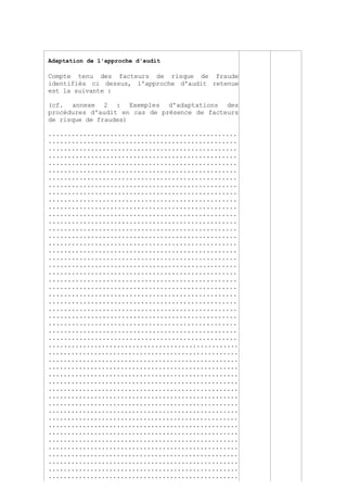 Page 155 sur 282
Adaptation de l'approche d'audit
Compte tenu des facteurs de risque de fraude
identifiés ci dessus, l'approche d'audit retenue
est la suivante :
(cf. annexe 2 : Exemples d'adaptations des
procédures d'audit en cas de présence de facteurs
de risque de fraudes)
.................................................
.................................................
.................................................
.................................................
.................................................
.................................................
.................................................
.................................................
.................................................
.................................................
.................................................
.................................................
.................................................
.................................................
.................................................
.................................................
.................................................
.................................................
.................................................
.................................................
.................................................
.................................................
.................................................
.................................................
.................................................
.................................................
.................................................
.................................................
.................................................
..................................................
..................................................
..................................................
..................................................
..................................................
..................................................
..................................................
..................................................
..................................................
..................................................
..................................................
..................................................
..................................................
..................................................
..................................................
..................................................
..................................................
..................................................
..................................................
....
 