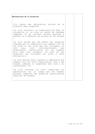 Page 156 sur 282
Déclarations de la direction
J'ai obtenu des déclarations écrites de la
direction dans lesquelles
(a) elle reconnaît sa responsabilité dans la
conception et la mise en oeuvre de systèmes
comptable et de contrôle interne destinés à
prévenir et à détecter les erreurs et les fraudes
;
(b) elle estime que les effets des anomalies
relevées par le commissaire aux comptes lors de
son audit et qui n'ont pas été corrigées, ne
sont pas, tant individuellement que
globalement, significatifs sur les comptes
pris dans leur ensemble. Un état de ces
anomalies non corrigées est joint à cette
déclaration ;
(c) elle déclare avoir signalé au commissaire aux
comptes tous les faits significatifs liés à des
fraudes commises ou suspectées dont elle a eu
connaissance ; et
(d) elle confirme lui avoir communiqué son
appréciation sur le risque que les comptes
puissent comporter des anomalies significatives
résultant de fraudes.
 