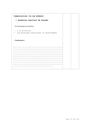 Page 157 sur 282
Communications (le cas échéant)
1) Anomalies résultant de fraudes
J'ai communiqué ces anomalies
- à la direction
- aux personnes constituant le gouvernement
Commentaires :
..................................................
..................................................
..................................................
..................................................
..................................................
..................................................
..................................................
..................................................
..................................................
..................................................
........................................
 