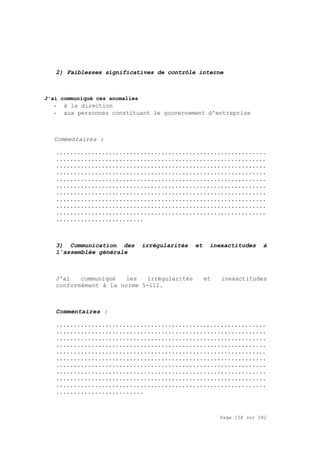 Page 158 sur 282
2) Faiblesses significatives de contrôle interne
J'ai communiqué ces anomalies
- à la direction
- aux personnes constituant le gouvernement d'entreprise
Commentaires :
............................................................
............................................................
............................................................
............................................................
............................................................
............................................................
............................................................
............................................................
............................................................
............................................................
.........................
3) Communication des irrégularités et inexactitudes à
l'assemblée générale
J'ai communiqué les irrégularités et inexactitudes
conformément à la norme 5-112.
Commentaires :
............................................................
............................................................
............................................................
............................................................
............................................................
............................................................
............................................................
............................................................
............................................................
............................................................
.........................
 