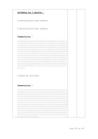 Page 160 sur 282
Incidence sur l'opinion :
O Certification sans réserve
O Certification avec réserve
Commentaires :
..............................................
..............................................
..............................................
..............................................
..............................................
..............................................
..............................................
..............................................
..............................................
..............................................
..............................................
..............................................
..............................................
...…………
O Refus de certifier
Commentaires :
..............................................
..............................................
..............................................
..............................................
..............................................
..............................................
..............................................
..............................................
..............................................
..............................................
..............................................
..............................................
..............................................
....................
 