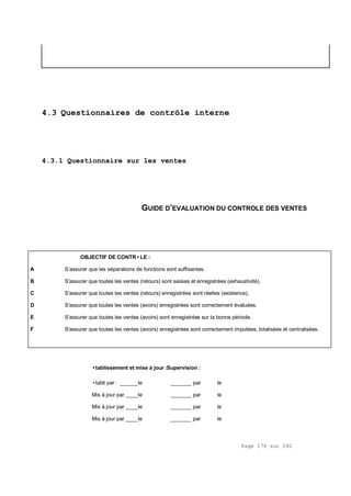 Page 176 sur 282
4.3 Questionnaires de contrôle interne
4.3.1 Questionnaire sur les ventes
GUIDE D’EVALUATION DU CONTROLE DES VENTES
OBJECTIF DE CONTR•LE :
A S’assurer que les séparations de fonctions sont suffisantes.
B S'assurer que toutes les ventes (retours) sont saisies et enregistrées (exhaustivité).
C S'assurer que toutes les ventes (retours) enregistrées sont réelles (existence).
D S'assurer que toutes les ventes (avoirs) enregistrées sont correctement évaluées.
E S'assurer que toutes les ventes (avoirs) sont enregistrées sur la bonne période.
F S'assurer que toutes les ventes (avoirs) enregistrées sont correctement imputées, totalisées et centralisées.
•tablissement et mise à jour :Supervision :
•tabli par : ______le _______ par le
Mis à jour par ____le _______ par le
Mis à jour par ____le _______ par le
Mis à jour par ____le _______ par le
 
