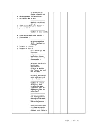 Page 179 sur 282
est-il suffisamment
protégé pour éviter des :
a) expéditions sans bon de livraison ?
b) retours sans bon de retour ?
..................................
Les bons d'expédition
sont-ils :
a) établis sur des formulaires standard ?
b) prénumérotés ?
..................................
Les bons de retour sont-ils
:
a) établis sur des formulaires standard ?
b) prénumérotés ?
..................................
Le service facturation
vérifie-t-il la séquence
numérique :
a) des bons de livraison ?
b) des bons de retour ?
pour s'assurer qu'il les
reçoit tous.
..................................
Les factures et avoirs
sont-ils des documents
prénumérotés ?
..................................
Le numéro des bons de
livraison est-il
rapproché des
numéros de factures
pour s'assurer qu'il sont
tous facturés ?
..................................
Le numéro des bons de
retour est-il rapproché
des numéros d'avoirs ?
..................................
Les bons de livraison
sans facture et les
bons de retour sans
avoir font-ils l'objet d'un
examen régulier et de
recherches ?
..................................
Les quantités reçues
sont-elles rapprochées
des quantités facturées
pour éviter les
facturations partielles ?
..................................
Les quantités retournées
sont-elles rapprochées
des avoirs émis pour
éviter les avoirs partiels ?
..................................
 