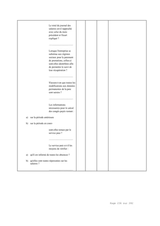 Page 236 sur 282
Le total du journal des
salaires est-il rapproché
avec celui du mois
précédent et l'écart
expliqué ?
.....................................
Lorsque l'entreprise se
substitue aux régimes
sociaux pour le paiement
de prestations, celles-ci
sont-elles identifiées afin
de permettre le suivi de
leur récupération ?
.....................................
S'assure-t-on que toutes les
modifications aux données
permanentes de la paie
sont saisies ?
.....................................
Les informations
nécessaires pour le calcul
des congés payés restant :
a) sur la période antérieure
b) sur la période en cours
sont-elles tenues par le
service paie ?
.....................................
Le service paie a-t-il les
moyens de vérifier :
a) qu'il est informé de toutes les absences ?
b) qu'elles sont toutes répercutées sur les
salaires ?
.....................................
 