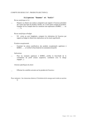Page 243 sur 282
COMPTE DE RESULTAT : PRODUITS (SECTION C)
Diligences "Examen" et "Audit"
Revue analytique n-1/n
__ Préparer ou obtenir une analyse comparative par rapport à l'exercice précédent
des ventes (par ligne de produits, famille, etc.) et des autres comptes de produits.
Enquêter sur les comptes dont les variations sont supérieures à KMRO.…… ou
…… %.
Revue analytique n/budget
__ S'il existe un suivi budgétaire, comparer les réalisations de l'exercice par
rapport au budget et obtenir des explications sur les écarts significatifs.
Produits exceptionnels
__ Examiner les pièces justificatives des produits exceptionnels supérieurs à
KMRO.…… et vérifier le bien-fondé de la constatation du profit.
Subvention
__ Pour les montants supérieurs à KMRO....,vérifier le bien-fondé de la
constatation du profit (clause suspensive, corrélation avec la charge
engagée....).
Attentes spécifiques du client
__ Effectuer les contrôles suivants sur les produits de l'exercice :
Pour mémoire : les ristournes clients et l'évolution de la marge sont traités en section
G
 