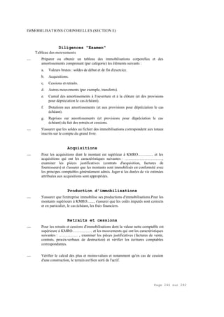 Page 246 sur 282
IMMOBILISATIONS CORPORELLES (SECTION E)
Diligences "Examen"
Tableau des mouvements
__ Préparer ou obtenir un tableau des immobilisations corporelles et des
amortissements comprenant (par catégorie) les éléments suivants :
a. Valeurs brutes : soldes de début et de fin d'exercice.
b. Acquisitions.
c. Cessions et retraits.
d. Autres mouvements (par exemple, transferts).
e. Cumul des amortissements à l'ouverture et à la clôture (et des provisions
pour dépréciation le cas échéant).
f. Dotations aux amortissements (et aux provisions pour dépréciation le cas
échéant).
g. Reprises sur amortissements (et provisions pour dépréciation le cas
échéant) du fait des retraits et cessions.
__ S'assurer que les soldes au fichier des immobilisations correspondent aux totaux
inscrits sur le compte du grand livre.
Acquisitions
__ Pour les acquisitions dont le montant est supérieur à KMRO………… et les
acquisitions qui ont les caractéristiques suivantes : …………………………,
examiner les pièces justificatives (contrats d'acquisition, factures de
fournisseurs) et s'assurer que les montants sont immobilisés en conformité avec
les principes comptables généralement admis. Juger si les durées de vie estimées
attribuées aux acquisitions sont appropriées.
Production d'immobilisations
__ S'assurer que l'entreprise immobilise ses productions d'immobilisations.Pour les
montants supérieurs à KMRO......., s'assurer que les coûts imputés sont corrects
et en particulier, le cas échéant, les frais financiers.
Retraits et cessions
__ Pour les retraits et cessions d'immobilisations dont la valeur nette comptable est
supérieure à KMRO.…………… et les mouvements qui ont les caractéristiques
suivantes : …………… , examiner les pièces justificatives (factures de vente,
contrats, procès-verbaux de destruction) et vérifier les écritures comptables
correspondantes.
__ Vérifier le calcul des plus et moins-values et notamment qu'en cas de cession
d'une construction, le terrain est bien sorti de l'actif.
 