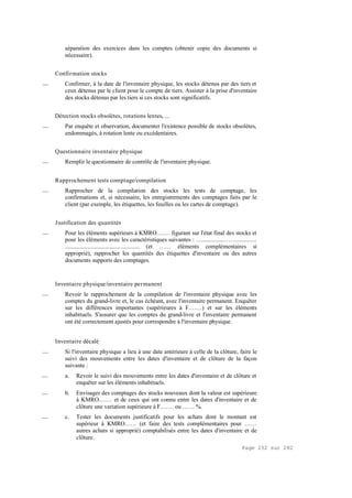 Page 252 sur 282
séparation des exercices dans les comptes (obtenir copie des documents si
nécessaire).
Confirmation stocks
__ Confirmer, à la date de l'inventaire physique, les stocks détenus par des tiers et
ceux détenus par le client pour le compte de tiers. Assister à la prise d'inventaire
des stocks détenus par les tiers si ces stocks sont significatifs.
Détection stocks obsolètes, rotations lentes, ...
__ Par enquête et observation, documenter l'existence possible de stocks obsolètes,
endommagés, à rotation lente ou excédentaires.
Questionnaire inventaire physique
__ Remplir le questionnaire de contrôle de l'inventaire physique.
Rapprochement tests comptage/compilation
__ Rapprocher de la compilation des stocks les tests de comptage, les
confirmations et, si nécessaire, les enregistrements des comptages faits par le
client (par exemple, les étiquettes, les feuilles ou les cartes de comptage).
Justification des quantités
__ Pour les éléments supérieurs à KMRO.…… figurant sur l'état final des stocks et
pour les éléments avec les caractéristiques suivantes : …...............……..............
.................................................. (et …… éléments complémentaires si
approprié), rapprocher les quantités des étiquettes d'inventaire ou des autres
documents supports des comptages.
Inventaire physique/inventaire permanent
__ Revoir le rapprochement de la compilation de l'inventaire physique avec les
comptes du grand-livre et, le cas échéant, avec l'inventaire permanent. Enquêter
sur les différences importantes (supérieures à F.……) et sur les éléments
inhabituels. S'assurer que les comptes du grand-livre et l'inventaire permanent
ont été correctement ajustés pour correspondre à l'inventaire physique.
Inventaire décalé
__ Si l'inventaire physique a lieu à une date antérieure à celle de la clôture, faire le
suivi des mouvements entre les dates d'inventaire et de clôture de la façon
suivante :
__ a. Revoir le suivi des mouvements entre les dates d'inventaire et de clôture et
enquêter sur les éléments inhabituels.
__ b. Envisager des comptages des stocks nouveaux dont la valeur est supérieure
à KMRO.…… et de ceux qui ont connu entre les dates d'inventaire et de
clôture une variation supérieure à F.…… ou …… %.
__ c. Tester les documents justificatifs pour les achats dont le montant est
supérieur à KMRO…… (et faire des tests complémentaires pour ……
autres achats si approprié) comptabilisés entre les dates d'inventaire et de
clôture.
 