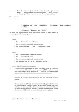 Page 253 sur 282
__ d. Tester les documents justificatifs des sorties de stock supérieures à
KMRO.…… (et faire des tests complémentaires pour …… autres sorties de
stock si approprié) intervenues entre les dates d'inventaire et de clôture.
__ e. ...
__ f. ...
2. SEPARATION DES EXERCICES (clients, fournisseurs,
stocks)
Diligences "Examen" et "Audit"
En liaison avec le contrôle de la sortie, et de l'entrée effective en stocks, vérifier la
correcte séparation des exercices pour :
Ventes
• Les ...... dernières livraisons de l'exercice
• Les ...... premières livraisons de l'exercice suivant.
• Les factures du mois de ........ et de ........ supérieures à KMRO.........
Achats
• Les ..... derniers bons de réception de l'exercice.
• Les ..... derniers bons de retour.
• Les ..... premières réceptions de l'exercice suivant.
• Les factures du mois de ..... et de ..... supérieures à KMRO ........
Avoirs - Rabais/remises/ristournes clients
__ Vérifier l'exercice d'imputation des avoirs émis après la date de clôture en
examinant ceux dont les montants sont supérieurs à KMRO.…… émis au cours
de la période allant de la date de clôture au ……, ainsi que les avoirs qui ont les
caractéristiques suivantes : .....................................................................
__ S'informer de l'existence éventuelle d'avoirs non émis concernant l'exercice
examiné.
__ S'assurer que les procédures de l'entreprise permettent d'appréhender l'ensemble
des rabais/remises et ristournes accordés par les clients. Effectuer une revue
analytique des remises accordées durant l'exercice et des remises restant dûes à
la cloture (individuel par client et global). Contrôler, pour les montants restants
dûs supérieurs à KMRO..... la correcte évaluation de la ristourne à payer.
Avoirs - Rabais/remises/ristournes Fournisseurs
 