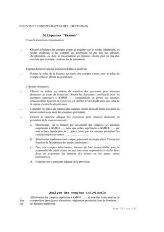 Page 257 sur 282
CLIENTS ET COMPTES RATTACHES : (SECTION H)
Diligences "Examen"
Classification/non compensation
__ Obtenir la balance des comptes clients et enquêter sur les soldes inhabituels, les
soldes créditeurs et les comptes qui pourraient ne pas être des créances
d'exploitation, ou dont la classification en créances clients peut ne pas être
correcte (par exemple, créances sur le personnel).
Rapprochement balance auxiliaire/balance générale
__ Pointer le solde de la balance auxiliaire des comptes clients avec le solde du
compte collectif clients du grand-livre.
Créances douteuses
__ Obtenir ou établir un tableau de variation des provisions pour créances
douteuses au cours de l'exercice. Obtenir les documents justificatifs pour les
montants supérieurs à KMRO.…… comptabilisés en pertes sur créances
irrécouvrables au cours de l'exercice, en vérifier le bien-fondé ainsi que celui de
la reprise éventuelle de provision.
__ Comparer les ratios de rotation des comptes clients et/ou de durée moyenne de
recouvrement avec ceux des exercices précédents.
__ Evaluer le caractère adéquat des provisions pour créances douteuses en
procédant de la manière suivante :
a. Sélectionner, sur la balance par ancienneté des créances, les créances
supérieures à KMRO…… ainsi que celles supérieures à KMRO.…… qui
sont échues depuis plus de … jours, ainsi que les comptes présentant les
caractéristiques suivantes : .................…………
b. Sélectionner également tout compte présentant un risque élevé d'erreur (en
fonction de l'expérience des années antérieures).
c. Pour ces comptes sélectionnés, discuter de leur recouvrabilité avec le
responsable du crédit clients ou avec tout autre responsable et vérifier leurs
dires en examinant les dossiers des clients ou les autres pièces
justificatives.
d. Conclure sur le caractère adéquat de la provision.
Analyse des comptes individuels
__ Sélectionner les comptes supérieurs à KMRO ......., et procéder à une analyse de
leur composition (procédures alternatives -règlement postérieur, bon de livraison....-
sur les factures impayées).
 