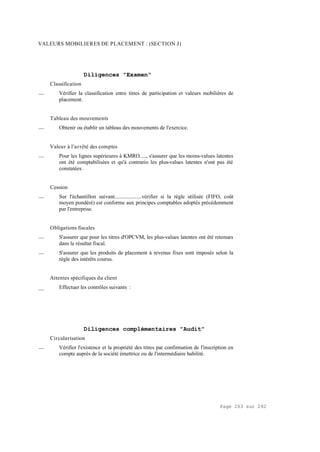 Page 263 sur 282
VALEURS MOBILIERES DE PLACEMENT : (SECTION J)
Diligences "Examen"
Classification
__ Vérifier la classification entre titres de participation et valeurs mobilières de
placement.
Tableau des mouvements
__ Obtenir ou établir un tableau des mouvements de l'exercice.
Valeur à l'arrêté des comptes
__ Pour les lignes supérieures à KMRO....., s'assurer que les moins-values latentes
ont été comptabilisées et qu'à contrario les plus-values latentes n'ont pas été
constatées.
Cession
__ Sur l'échantillon suivant....................vérifier si la règle utilisée (FIFO, coût
moyen pondéré) est conforme aux principes comptables adoptés précédemment
par l'entreprise.
Obligations fiscales
__ S'assurer que pour les titres d'OPCVM, les plus-values latentes ont été retenues
dans le résultat fiscal.
__ S'assurer que les produits de placement à revenus fixes sont imposés selon la
règle des intérêts courus.
Attentes spécifiques du client
__ Effectuer les contrôles suivants :
Diligences complémentaires "Audit"
Circularisation
__ Vérifier l'existence et la propriété des titres par confirmation de l'inscription en
compte auprès de la société émettrice ou de l'intermédiaire habilité.
 
