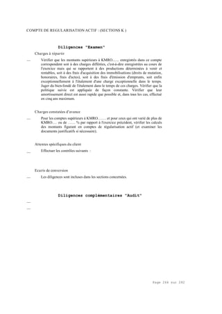 Page 264 sur 282
COMPTE DE REGULARISATION ACTIF : (SECTIONS K )
Diligences "Examen"
Charges à répartir
__ Vérifier que les montants supérieurs à KMRO....... enregistrés dans ce compte
correspondent soit à des charges différées, c'est-à-dire enregistrées au cours de
l'exercice mais qui se rapportent à des productions déterminées à venir et
rentables, soit à des frais d'acquisition des immobilisations (droits de mutation,
honoraires, frais d'actes), soit à des frais d'émission d'emprunts, soit enfin
exceptionnellement à l'étalement d'une charge exceptionnelle dans le temps.
Juger du bien-fondé de l'étalement dans le temps de ces charges. Vérifier que la
politique suivie est appliquée de façon constante. Vérifier que leur
amortissement direct est aussi rapide que possible et, dans tous les cas, effectué
en cinq ans maximum.
Charges constatées d'avance
__ Pour les comptes supérieurs à KMRO.…… et pour ceux qui ont varié de plus de
KMRO.… ou de …… % par rapport à l'exercice précédent, vérifier les calculs
des montants figurant en comptes de régularisation actif (et examiner les
documents justificatifs si nécessaire).
Attentes spécifiques du client
__ Effectuer les contrôles suivants :
Ecarts de conversion
__ Les diligences sont incluses dans les sections concernées.
Diligences complémentaires "Audit"
__
__
 