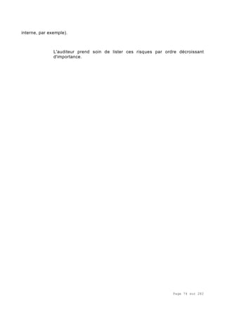 Page 74 sur 282
interne, par exemple).
L'auditeur prend soin de lister ces risques par ordre décroissant
d'importance.
 