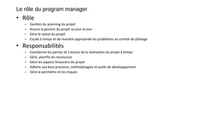 Le rôle du program manager
• Rôle
– Gardien du planning du projet
– Assure la gestion du projet au jour le jour
– Gère le statut du projet
– Escale à temps et de manière appropriée les problèmes au comité de pilotage
• Responsabilités
– Coordonne les parties et s’assure de la réalisation du projet à temps
– Gère, planifie les ressources
– Gère les aspects financiers du projet
– Adhère aux best practices, méthodologies et outils de développement
– Gère le périmètre et les risques
 