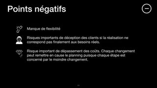 Points négatifs
Manque de ﬂexibilité

Risques importants de déception des clients si la réalisation ne
correspond pas ﬁnalement aux besoins réels.

Risque important de dépassement des coûts. Chaque changement
peut remettre en cause le planning puisque chaque étape est
concerné par le moindre changement.
!11
 