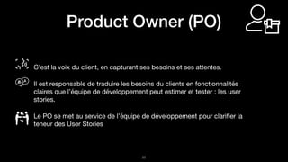 !25
Product Owner (PO)
C’est la voix du client, en capturant ses besoins et ses attentes.

Il est responsable de traduire les besoins du clients en fonctionnalités
claires que l’équipe de développement peut estimer et tester : les user
stories.

Le PO se met au service de l’équipe de développement pour clariﬁer la
teneur des User Stories
 