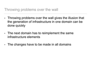 Throwing problems over the wall
• Throwing problems over the wall gives the illusion that
the generation of infrastructure in one domain can be
done quickly
• The next domain has to reimplement the same
infrastructure elements
• The changes have to be made in all domains
 