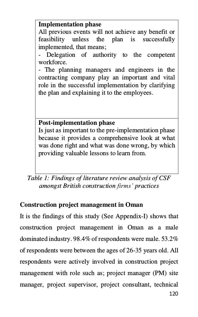 120
Implementation phase
All previous events will not achieve any benefit or
feasibility unless the plan is successfully
implemented, that means;
- Delegation of authority to the competent
workforce.
- The planning managers and engineers in the
contracting company play an important and vital
role in the successful implementation by clarifying
the plan and explaining it to the employees.
Post-implementation phase
Is just as important to the pre-implementation phase
because it provides a comprehensive look at what
was done right and what was done wrong, by which
providing valuable lessons to learn from.
Table 1: Findings of literature review analysis of CSF
amongst British construction firms’ practices
Construction project management in Oman
It is the findings of this study (See Appendix-I) shows that
construction project management in Oman as a male
dominated industry. 98.4% of respondents were male. 53.2%
of respondents were between the ages of 26-35 years old. All
respondents were actively involved in construction project
management with role such as; project manager (PM) site
manager, project supervisor, project consultant, technical
 