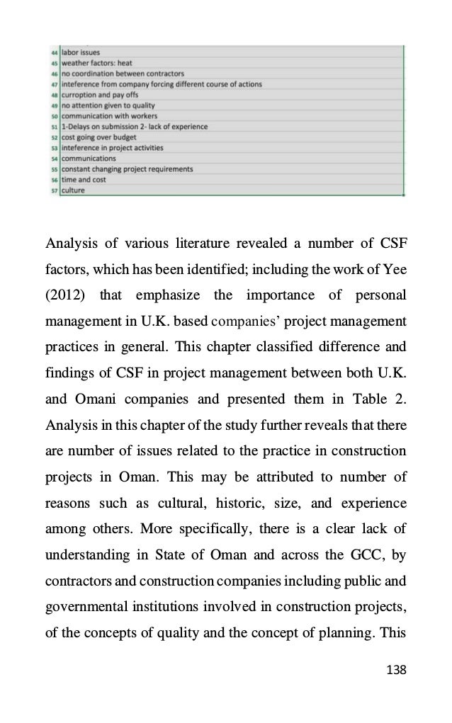 138
Analysis of various literature revealed a number of CSF
factors, which has been identified; including the work of Yee
(2012) that emphasize the importance of personal
management in U.K. based companies’ project management
practices in general. This chapter classified difference and
findings of CSF in project management between both U.K.
and Omani companies and presented them in Table 2.
Analysis in this chapter of the study further reveals that there
are number of issues related to the practice in construction
projects in Oman. This may be attributed to number of
reasons such as cultural, historic, size, and experience
among others. More specifically, there is a clear lack of
understanding in State of Oman and across the GCC, by
contractors and construction companies including public and
governmental institutions involved in construction projects,
of the concepts of quality and the concept of planning. This
 