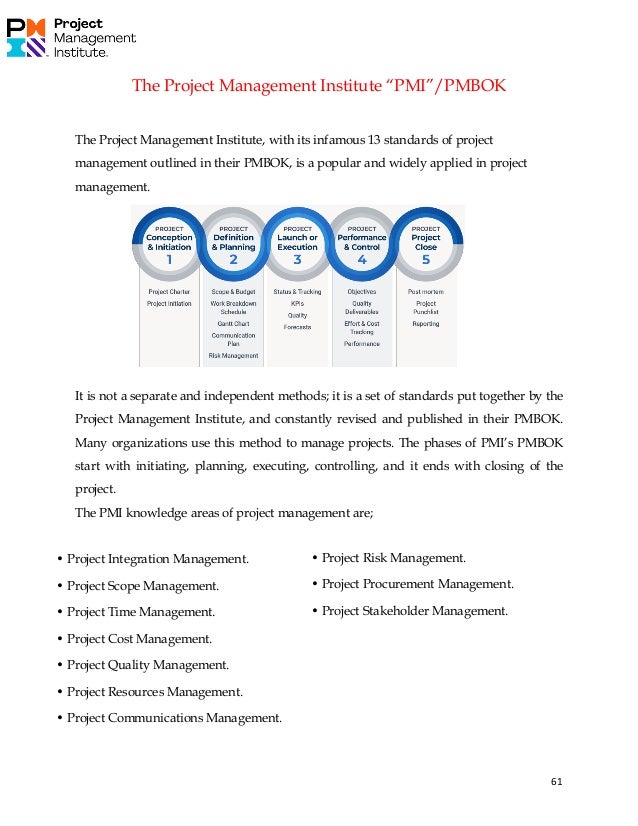 61
The Project Management Institute “PMI”/PMBOK
The Project Management Institute, with its infamous 13 standards of project
management outlined in their PMBOK, is a popular and widely applied in project
management.
It is not a separate and independent methods; it is a set of standards put together by the
Project Management Institute, and constantly revised and published in their PMBOK.
Many organizations use this method to manage projects. The phases of PMI’s PMBOK
start with initiating, planning, executing, controlling, and it ends with closing of the
project.
The PMI knowledge areas of project management are;
• Project Integration Management.
• Project Scope Management.
• Project Time Management.
• Project Cost Management.
• Project Quality Management.
• Project Resources Management.
• Project Communications Management.
• Project Risk Management.
• Project Procurement Management.
• Project Stakeholder Management.
 