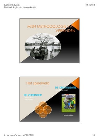 IMAC module 6:                                                                             14-4-2010
Methodologie van een verbinder




                                                                 DE ORGANISATIE
                                                                 • missie en doel


                  DE VERBINDER
                  • zelf – “IKKE”
                  • rol/positie

                                              Inhoud




                                    cultuur            Relatie




                                              Proces                       “sensemaking”




Ir. Jacques Smeets MCM CMC                                                                       18
 